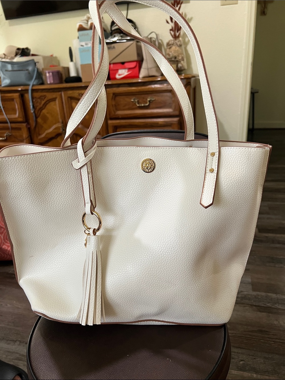 Anne Klein Cream Pebbled Tote with Tassel